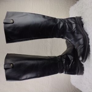 Pie Libre Italian Black Leather Almond Toe Side Zipper Low Heel Casual Tall Boot